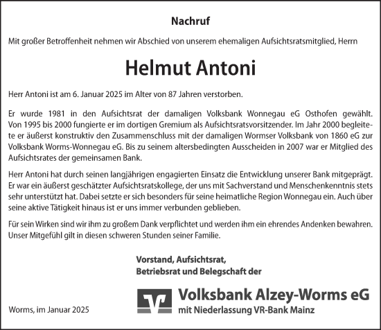 Traueranzeige von Helmut Antoni von Wormser Zeitung
