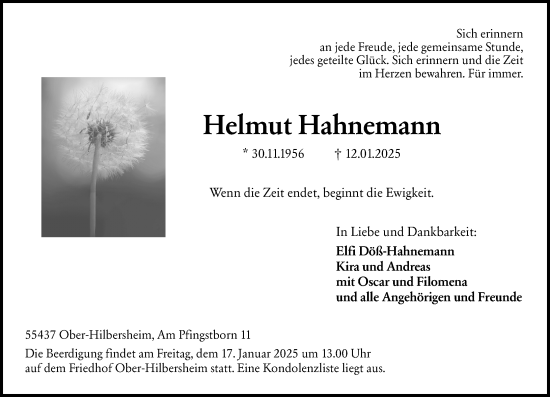 Traueranzeige von Helmut Hahnemann von Allgemeine Zeitung Rheinhessen-Nahe