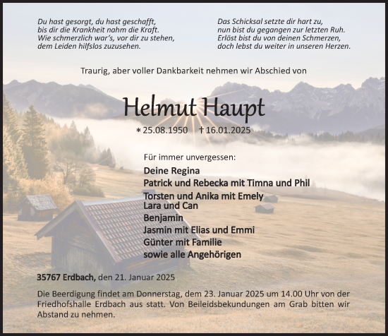 Traueranzeige von Helmut Haupt von Dill Block