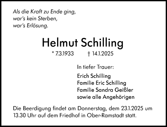 Traueranzeige von Helmut Schilling von Darmstädter Echo