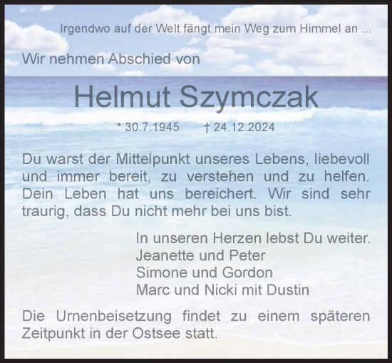 Traueranzeige von Helmut Szymczak von Dieburger Anzeiger/Groß-Zimmerner Lokal-Anzeiger