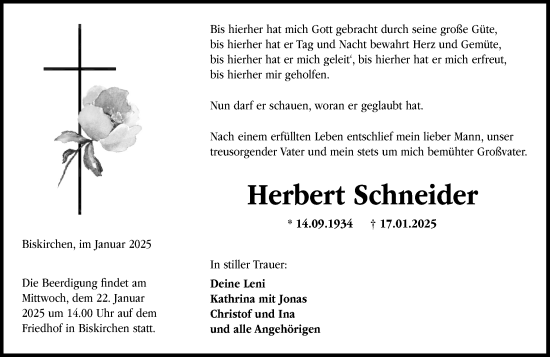 Traueranzeige von Herbert Schneider von Wetzlarer Neue Zeitung