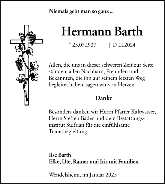 Traueranzeige von Hermann Barth von Allgemeine Zeitung Alzey