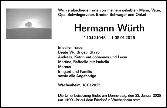 Traueranzeige von Hermann Würth von Wormser Zeitung