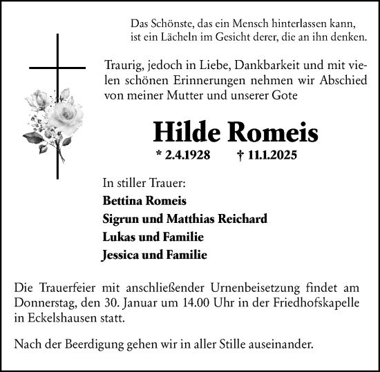 Traueranzeige von Hilde Romeis von Hinterländer Anzeiger