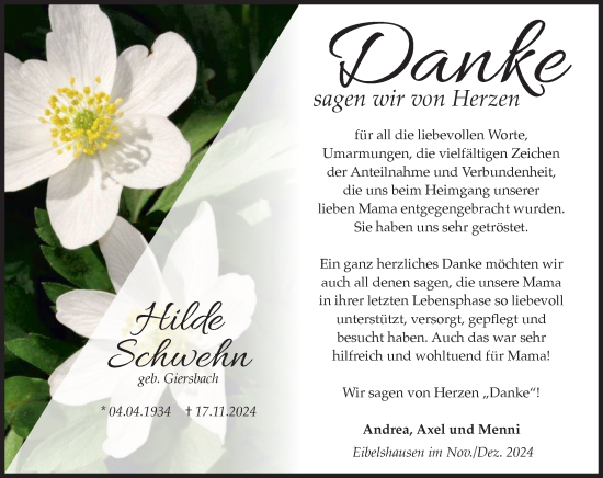 Traueranzeige von Hilde Schwehn von Dill Block