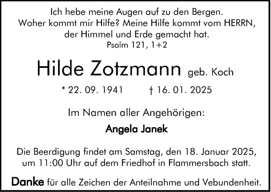 Traueranzeige von Hilde Zotzmann von Dill Block
