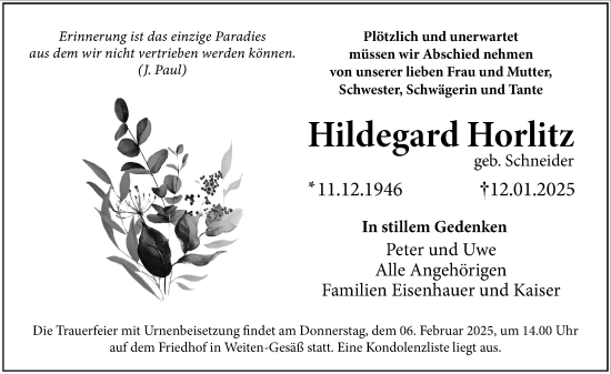 Traueranzeige von Hildegard Horlitz von Odenwälder Echo