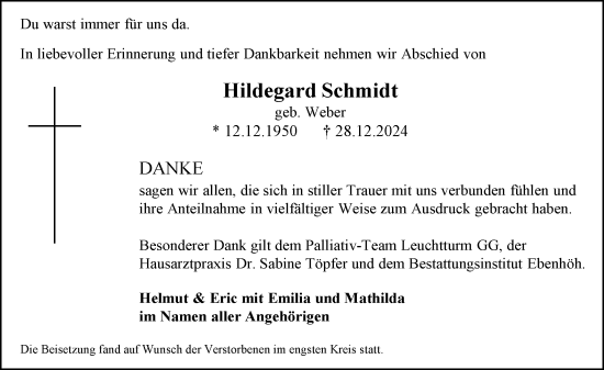 Traueranzeige von Hildegard Schmidt von Rüsselsheimer Echo