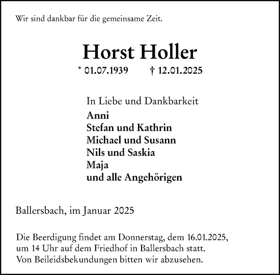 Traueranzeige von Horst Holler von Dill Block