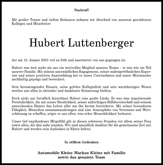 Traueranzeige von Hubert Luttenberger von Allgemeine Zeitung Rheinhessen-Nahe