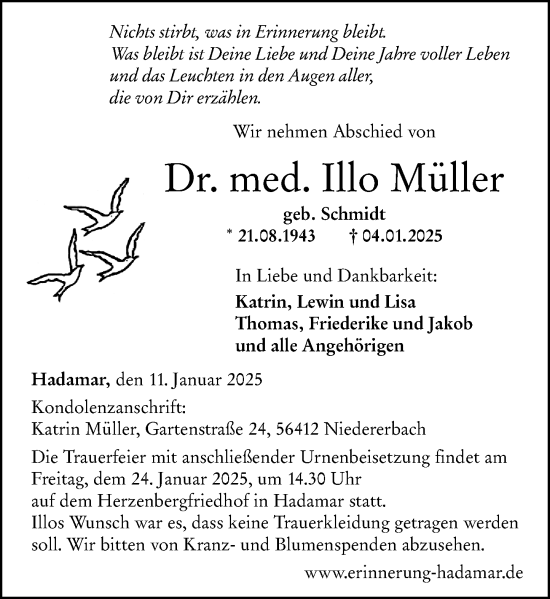Traueranzeige von Illo Müller von Nassauische Neue Presse