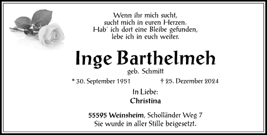 Traueranzeige von Inge Barthelmeh von Allgemeine Zeitung Rheinhessen-Nahe