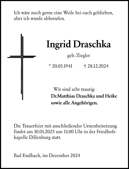 Traueranzeige von Ingrid Draschka von Hinterländer Anzeiger