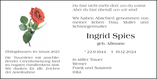 Traueranzeige von Ingrid Spies von Wetzlarer Neue Zeitung