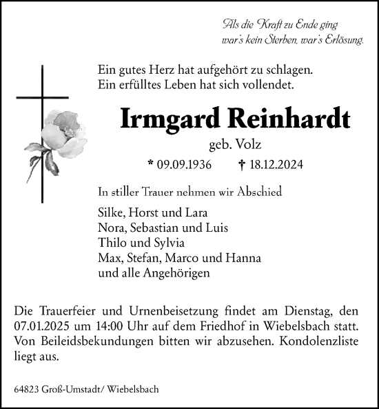 Traueranzeige von Irmgard Reinhardt von Darmstädter Echo