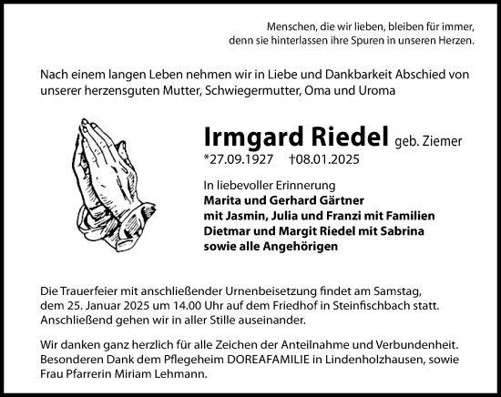 Traueranzeige von Irmgard Riedel von Camberger Anzeiger