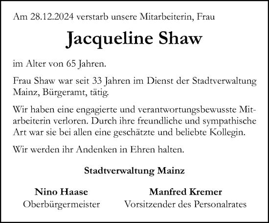 Traueranzeige von Jacqueline Shaw von Allgemeine Zeitung Mainz