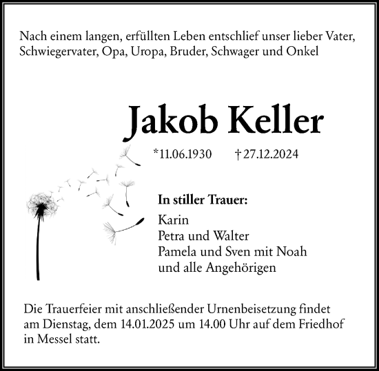 Traueranzeige von Jakob Keller von Darmstädter Echo