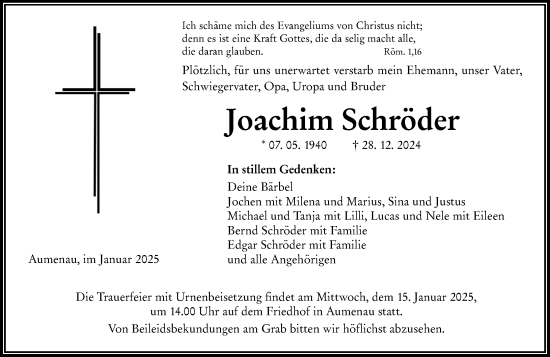 Traueranzeige von Joachim Schröder von Weilburger Tageblatt