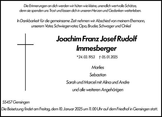 Traueranzeige von Joachim Franz Josef Rudolf Immesberger von Allgemeine Zeitung Rheinhessen-Nahe
