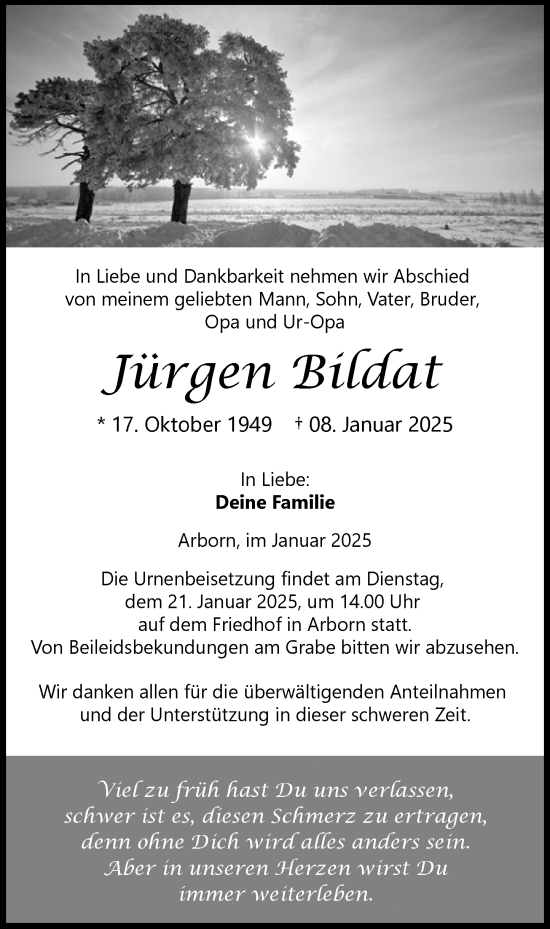 Traueranzeige von Jürgen Bildat von Dill Block