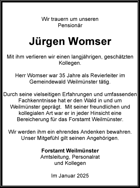 Traueranzeige von Jürgen Womser von Weilburger Tageblatt