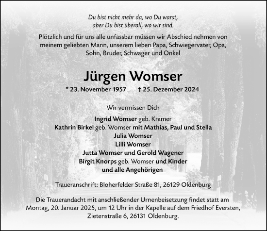 Traueranzeige von Jürgen Womser von Weilburger Tageblatt