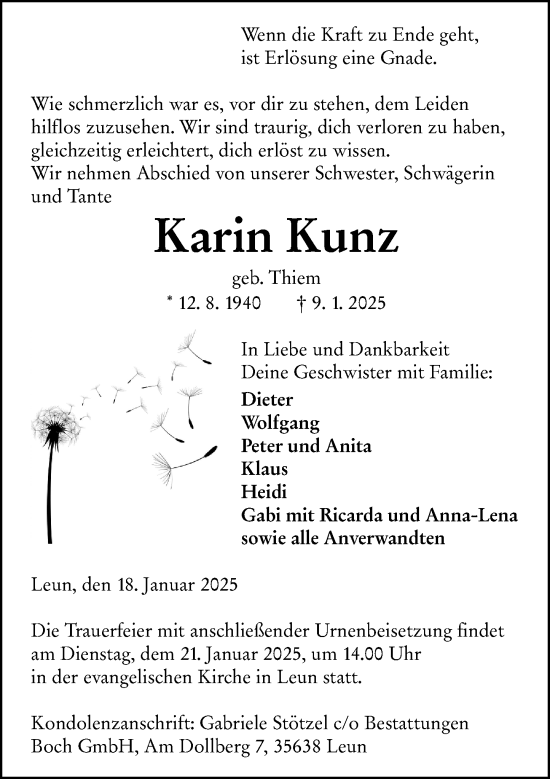 Traueranzeige von Karin Kunz von Wetzlarer Neue Zeitung