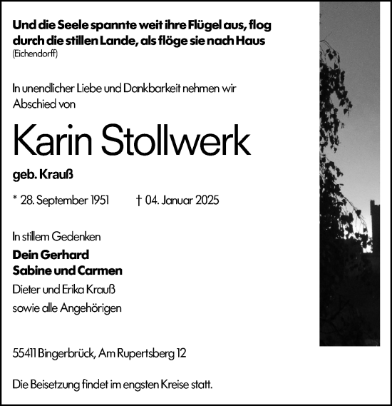 Traueranzeige von Karin Stollwerk von Allgemeine Zeitung Rheinhessen-Nahe