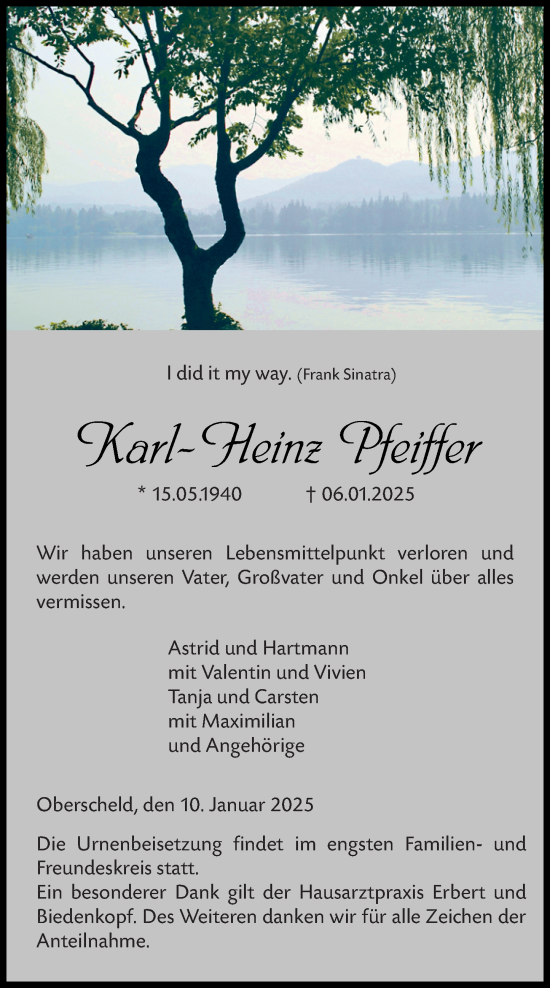 Traueranzeige von Karl-Heinz Pfeiffer von Dill Block