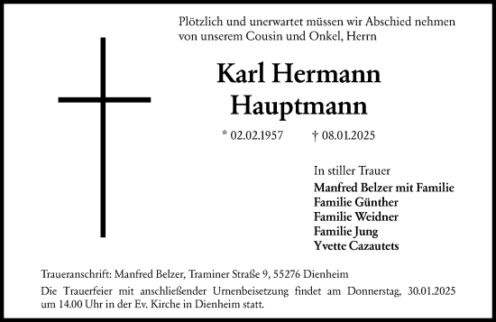 Traueranzeige von Karl Hermann Hauptmann von Allgemeine Zeitung Mainz