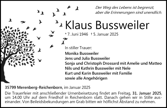 Traueranzeige von Klaus Bussweiler von Weilburger Tageblatt