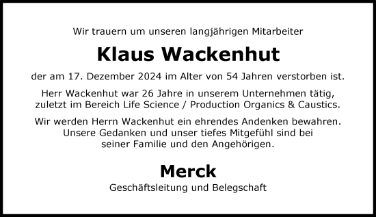 Traueranzeige von Klaus Wackenhut von Darmstädter Echo