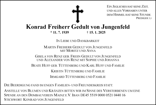 Traueranzeige von Konrad Freiherr Gedult von Jungenfeld von Allgemeine Zeitung Mainz