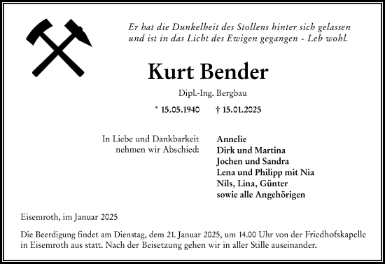 Traueranzeige von Kurt Bender von Dill Block