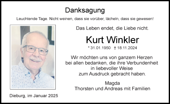 Traueranzeige von Kurt Winkler von Dieburger Anzeiger/Groß-Zimmerner Lokal-Anzeiger