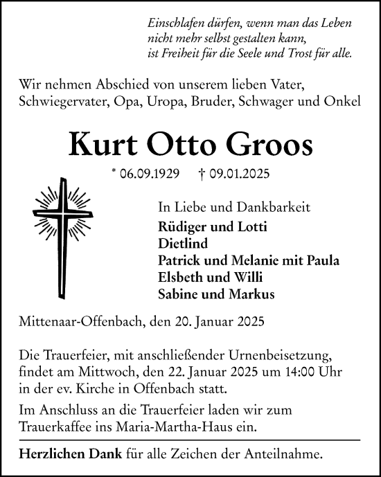 Traueranzeige von Kurt Otto Groos von Dill Block