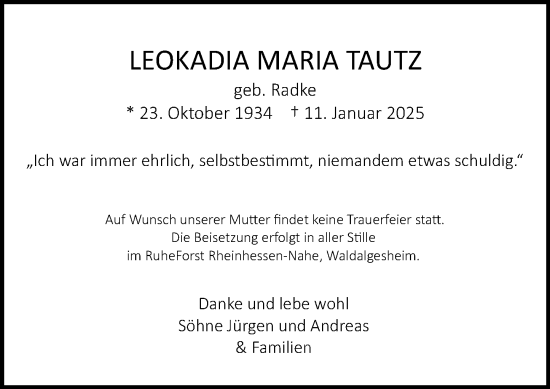 Traueranzeige von Leokadia Maria Tautz von Binger-/Ingelheimer Wochenblatt