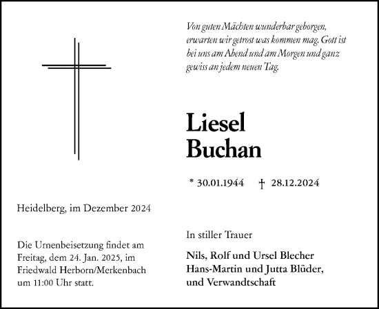 Traueranzeige von Liesel Buchan von Dill Block