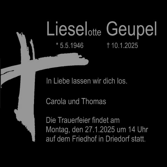 Traueranzeige von Lieselotte Geupel von Dill Block