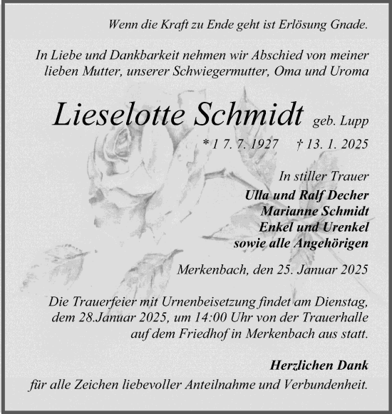 Traueranzeige von Lieselotte Schmidt von Dill Block
