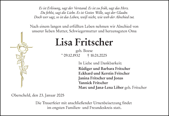 Traueranzeige von Lisa Fritscher von Dill Block