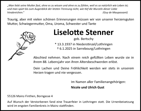 Traueranzeige von Lise Stenner von Allgemeine Zeitung Mainz