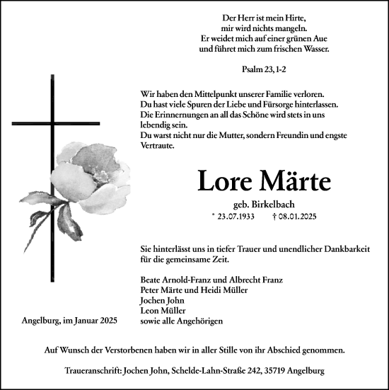 Traueranzeige von Lore Märte von Hinterländer Anzeiger