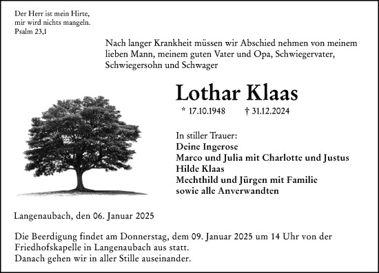 Traueranzeige von Lothar Klaas von Dill Block