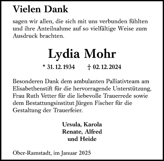 Traueranzeige von Lydia Mohr von Darmstädter Echo