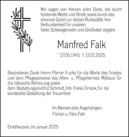 Traueranzeige von Manfred Falk von Weilburger Tageblatt