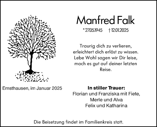 Traueranzeige von Manfred Falk von Weilburger Tageblatt