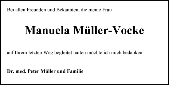 Traueranzeige von Manuela  Müller-Vocke von Allgemeine Zeitung Mainz